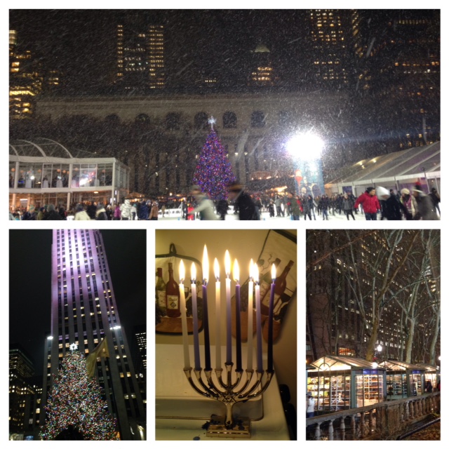 Top: Snow in Bryant Park|Bottom Left: The Rockefeller Tree|Bottom Middle: Celebrating Hanukkah with my Menorah|Bottom Right: Holiday Market at Bryant Park